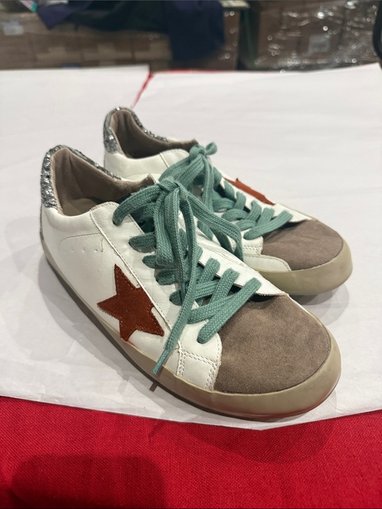 ShuShop Shoes - ShuShop White, Taupe & red Star Sneakers with Mint Laces
